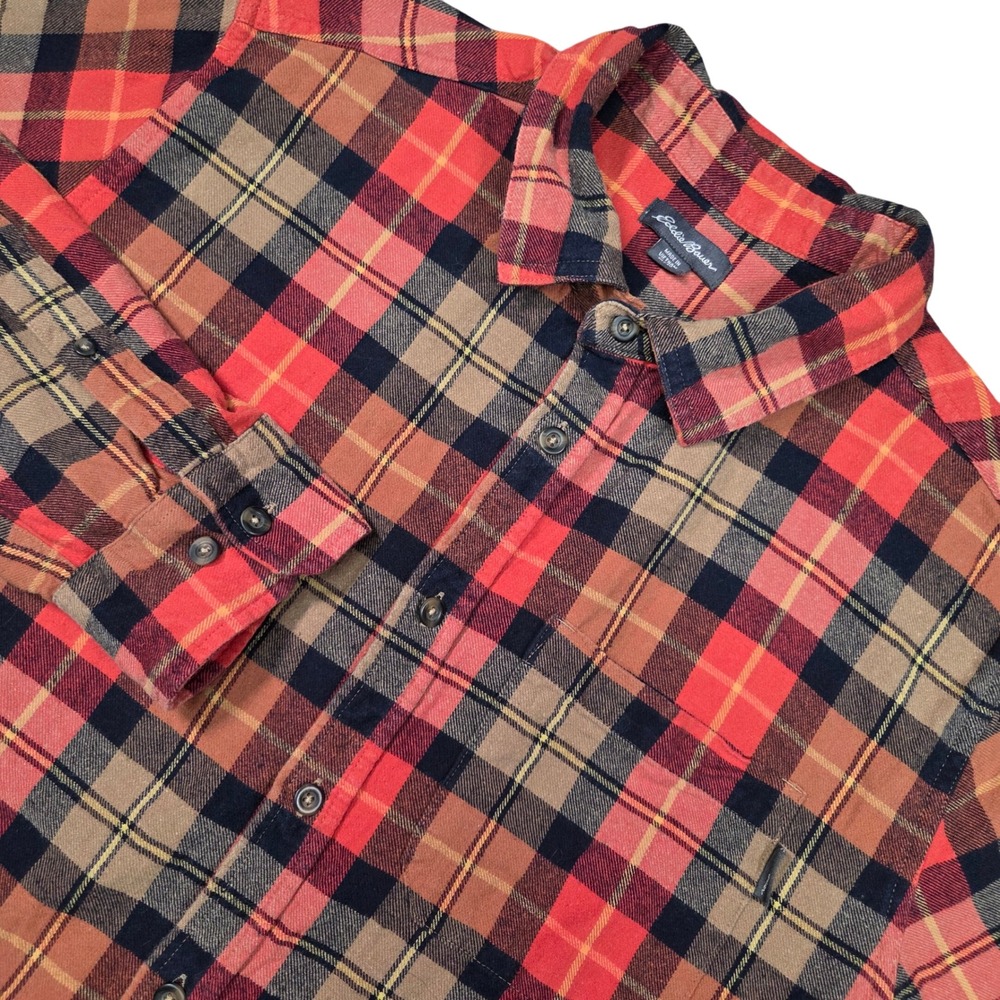 Eddie Bauer Flannel Shirt Mens XL Orange Tan Plaid Cotton Button Down Fall